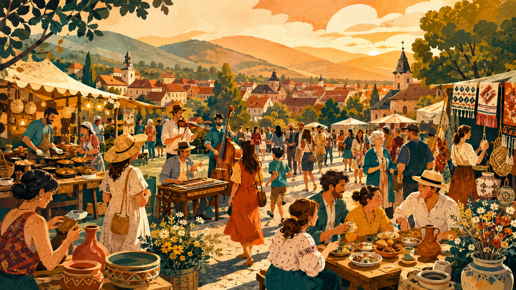 Ilustrație cu oameni la un târg în aer liber, cu muzică, mâncare, artizanat și dealuri în fundal